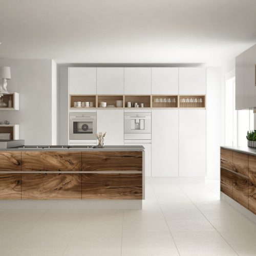 White modern minimalistic kitchen, with classic wood fittings, panoramic window, luxury interior design